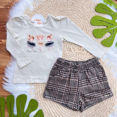 Conj. Blusa Manga Longa Bailarinas e Short em Plush - Areia e Marrom